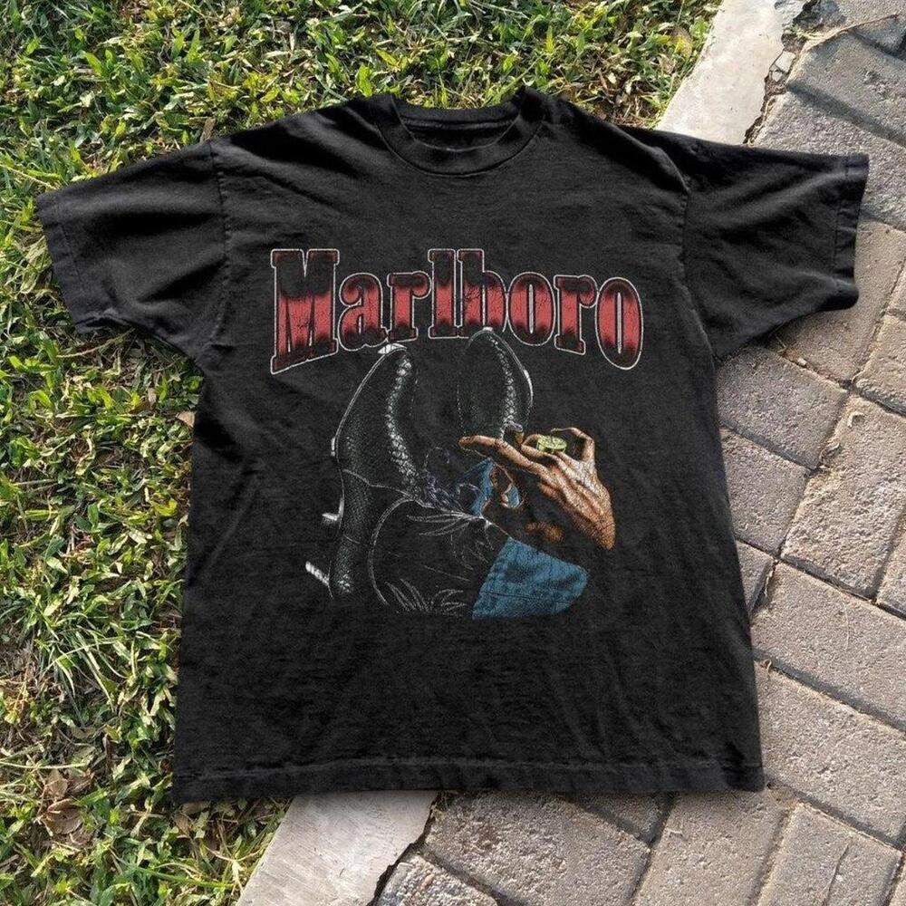 Marlboro Cowboy Graphic Black Tee Western Rodeo Style Unisex Shirt